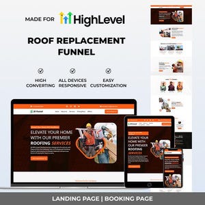 Può includere: Un modello di marketing digitale intitolato Made for HighLevel Roof Replacement Funnel, visualizzato su un portatile, un tablet e uno smartphone. La pagina presenta un branding arancione e marrone scuro, testo sui servizi di copertura e immagini.