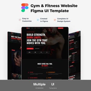 Puede incluir: Una plantilla de interfaz de usuario de Figma para sitios web de gimnasios y fitness con múltiples diseños de pantalla, un esquema de color oscuro, acentos rojos y tipografía en negrita. Incluye secciones para perfiles y servicios.
