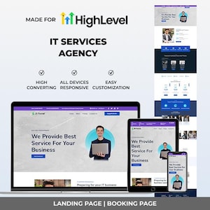 May include: A digital marketing template for HighLevel featuring an IT services agency landing page and booking page. The layout displays a website on a laptop, tablet, and smartphone, showcasing text that reads We Provide Best Service For Your Business.