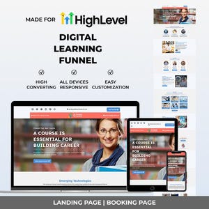 May include: A digital learning funnel graphic with the HighLevel logo. The image shows a laptop, tablet, and smartphone displaying a website with the text "A Course is Essential for Building Career". The image also includes the text "Landing Page | Booking Page".