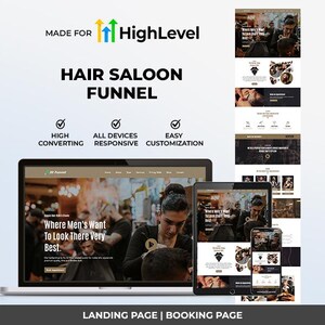 Puede incluir: Un gráfico de marketing digital para un embudo de salón de belleza, que muestra una página de destino y una página de reservas en varios dispositivos. El diseño incluye el texto "Made for HighLevel" y "Hair Saloon Funnel". La imagen también destaca características como la alta conversión y la fácil personalización.