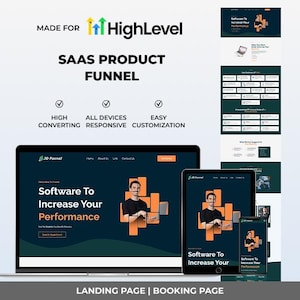Op de afbeelding: Een ontwerp van een bestemmingspagina voor een SaaS-producttrechter voor digitale marketing, weergegeven op een laptop, tablet en smartphone. Het ontwerp bevat de tekst "Software To Increase Your Performance" en het merk "HighLevel". Het ontwerp is responsief en eenvoudig aan te passen.