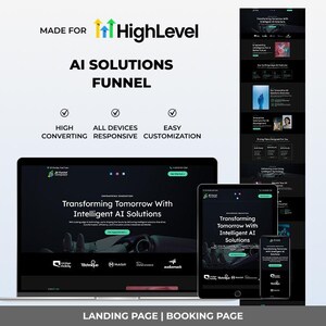 May include: A digital marketing concept image showcasing a website design on a laptop, tablet, and smartphone. The design features the text "Transforming Tomorrow With Intelligent AI Solutions" and the HighLevel logo. The image also includes the text "AI SOLUTIONS FUNNEL".