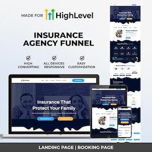 Könnte beinhalten: Eine digitale Marketingvorlage für einen Versicherungsagentur-Funnel, bestehend aus einem Laptop, Tablet und Smartphone, die eine Landingpage mit dem Text Insurance That Protect Your Family und Made For HighLevel sowie Icons anzeigen.