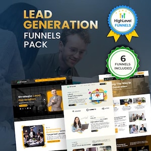 Puede incluir: Un paquete de embudos de generación de leads con tres plantillas de páginas de destino con detalles en amarillo y negro, una insignia azul y amarilla de HighLevel Funnels y una insignia verde que dice 6 Funnels Included.