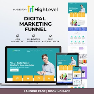 Könnte beinhalten: Design eines digitalen Marketing-Trichters, der auf einem Laptop, Tablet und Smartphone angezeigt wird. Das Design weist ein türkis-gelbes Farbschema mit dem Text "DIGITAL MARKETING FUNNEL" und "HighLevel" oben auf. Die Wörter "HIGH CONVERTING", "ALL DEVICES RESPONSIVE" und "EASY CUSTOMIZATION" sind ebenfalls sichtbar.