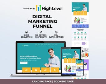 May include: Digital marketing funnel design displayed on a laptop, tablet, and smartphone. The design features a teal and yellow color scheme with the text "DIGITAL MARKETING FUNNEL" and "HighLevel" at the top. The words "HIGH CONVERTING", "ALL DEVICES RESPONSIVE", and "EASY CUSTOMIZATION" are also visible.