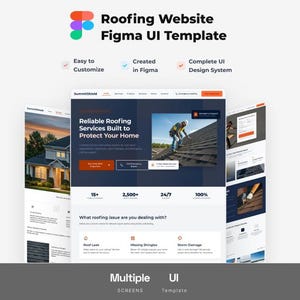 May include: A Roofing Website Figma UI Template featuring multiple screen layouts. The design includes a hero section with the text 'Reliable Roofing Services Built to Protect Your Home', service categories, and a complete UI design system.