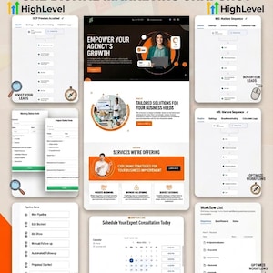 Puede incluir: Una infografía GHL Digital Marketing Snapshot que muestra un panel de control de agencia HighLevel. Incluye una interfaz de sitio web central, varios diagramas de flujo de automatización de flujos de trabajo, un formulario de estado y un calendario.