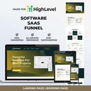 May include: A digital marketing graphic promoting "HighLevel" software for SaaS funnels. The image displays a laptop, tablet, and smartphone showcasing website designs. Text includes "High Converting," "All Devices Responsive," and "Easy Customization."