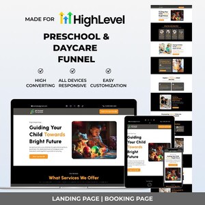 May include: A digital marketing design for preschool and daycare services. The design includes a laptop, tablet, and smartphone displaying a website with the text "Guiding Your Child Towards Bright Future." The design also includes the text "High Converting, All Devices Responsive, Easy Customization."