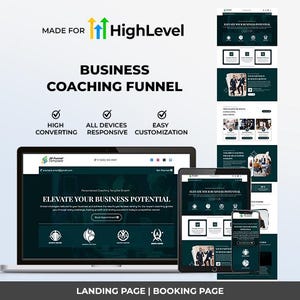 Puede incluir: Un gráfico de marketing digital que promociona un embudo de coaching empresarial. La imagen muestra una computadora portátil, una tableta y un teléfono inteligente que muestran un diseño de sitio web. El texto incluye "Business Coaching Funnel" y "Elevate Your Business Potential."