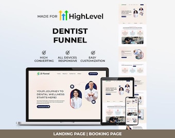 Könnte beinhalten: Digitales Marketing-Design für einen Zahnarzt-Funnel, das eine Website-Landingpage und eine Buchungsseite auf einem Laptop, Tablet und Smartphone zeigt. Das Design hebt Funktionen wie hohe Konversion, Reaktionsfähigkeit und einfache Anpassung hervor. Der Text lautet "Your journey to dental wellness starts here!"
