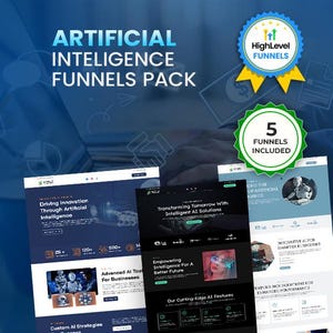 Könnte beinhalten: Eine Grafik für digitales Marketing mit dem Text „ARTIFICIAL INTELLIGENCE FUNNELS PACK“. Das Bild zeigt drei Website-Mockups, ein Abzeichen mit der Aufschrift „HighLevel FUNNELS“ und ein grünes Abzeichen mit der Aufschrift „5 FUNNELS INCLUDED“.
