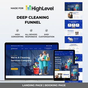 Könnte beinhalten: Eine digitale Marketingvorlage für HighLevel mit einer Landingpage für einen Tiefenreinigungs-Funnel. Die Darstellung zeigt einen Laptop, ein Tablet und ein Smartphone mit blauem Branding, Bildern von Reinigungsdiensten und Texten wie High Converting, All Devices Responsive und Easy Customization.