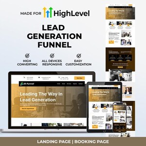May include: A digital marketing graphic promoting a lead generation funnel. The design features a laptop, tablet, and smartphone displaying website mockups. Text includes "Lead Generation Funnel," "High Converting," and "All Devices Responsive."