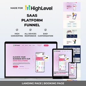 May include: A digital marketing template for a SaaS platform funnel, featuring a laptop, tablet, and smartphone displaying a landing page with the text "Elevate your business with our SaaS solutions." The design includes "High Converting," "All Devices Responsive," and "Easy Customization" labels.
