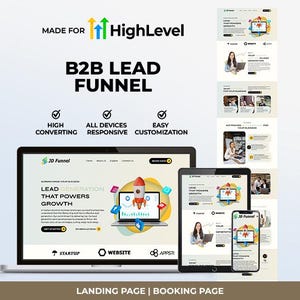 Könnte beinhalten: Grafik für digitales Marketing, die B2B-Lead-Funnel bewirbt. Das Bild zeigt einen Laptop, ein Tablet und ein Smartphone, die Website-Mockups anzeigen. Der Text enthält "High Converting", "All Devices Responsive" und "Easy Customization".