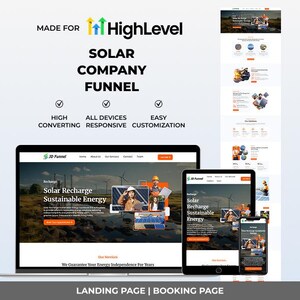 Puede incluir: Un gráfico de marketing digital para un embudo de empresa solar, que muestra un diseño de sitio web en múltiples dispositivos. El diseño incluye el texto "Solar Company Funnel" y "Solar Recharge Sustainable Energy". La imagen también incluye el logotipo de HighLevel.