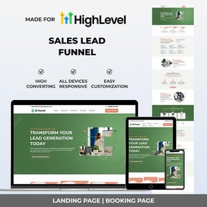 May include: A digital marketing graphic promoting "HighLevel" sales lead funnel services. The image displays a laptop, tablet, and smartphone showcasing a website design. Text includes "Sales Lead Funnel" and "Transform Your Lead Generation Today."