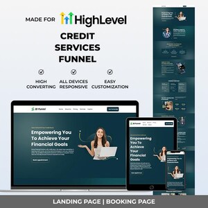 以下が含まれることがあります： 「HighLevel」のクレジットサービスファネルを宣伝するデジタルマーケティンググラフィック。画像には、ランディングページと予約ページを表示するラップトップ、タブレット、スマートフォンが表示されています。テキストには「Empowering You To Achieve Your Financial Goals」が含まれています。
