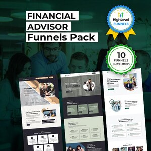 Op de afbeelding: Afbeelding van een Financial Advisor Funnels Pack met de tekst "FINANCIAL ADVISOR Funnels Pack". De afbeelding bevat drie website-mockups, een blauw-gele badge en een groene badge met de tekst "10 Funnels Included".