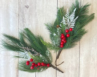 Christmas Pine and Berry Swags, Small Christmas Floral Stems, Winter Pine Picks, with Red Berries,