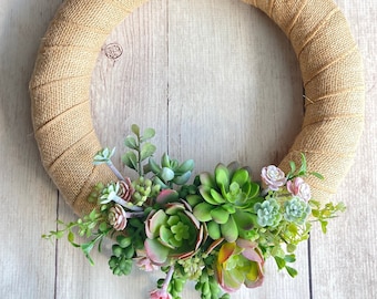 Artificial Succulent Wreath, Year Round, Front Door, Everyday, Spring, Summer Wreath, Burlap, Faux Succulents, Small Indoor/Outdoor 12"