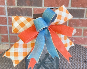 Orange Buffalo Check & Blue Plaid Fall Bow for Lantern, Wreath, Door Hanger Bow, Farmhouse, Country Bow, Bow for Outdoors, Wired Ribbon Bow