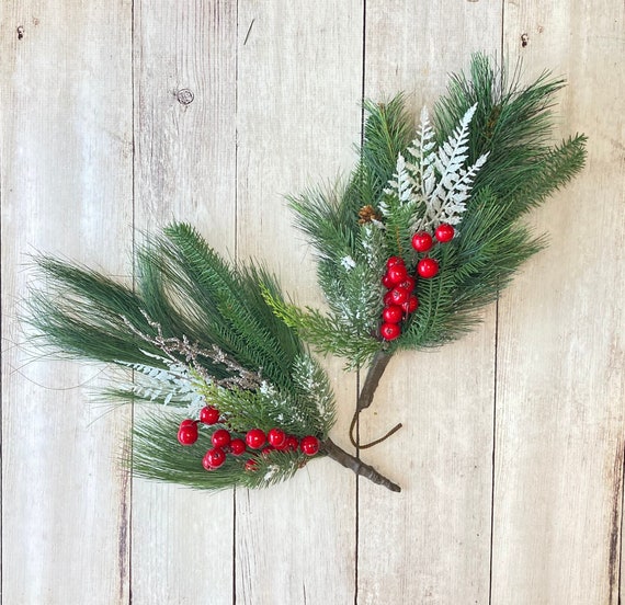 Christmas Pine and Berry Swags, Small Christmas Floral Stems, Winter Pine  Picks, With Red Berries, 