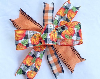 Fall Orange & Black Check with Pumpkins Bow, Lantern Bow, Wreath Bow, Wired Ribbon, Farmhouse Halloween Country Door Hanger Bow, Fall Decor