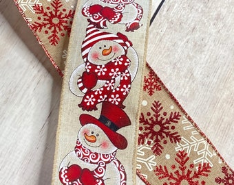 Snowman and Snowflake Christmas Ribbon, Red Winter Ribbon, #40 Ribbon, 2 1/2 inches wide, Natural, Americana Ribbon