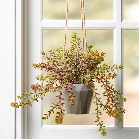 Artificial Hanging Succulent: Faux Sedum Plant in Geometric Pot