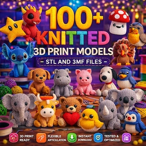 Knitted Animals STL Bundle – 3D Print Files, Amigurumi Crochet Texture, Articulated Models, Commercial Use