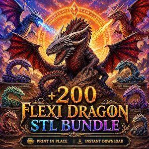 May include: A digital art image featuring multiple dragons in various colors, including blue, red, and purple. The central dragon is dark red with large wings. The image includes the text "+200 FLEXI DRAGON STL BUNDLE" and "PRINT IN PLACE | INSTANT DOWNLOAD".