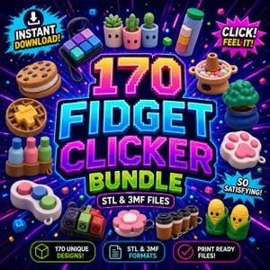 Pode incluir: Uma imagem vibrante mostrando uma coleção de fidget clickers impressos em 3D em várias formas, incluindo um biscoito, uma waffle e um cacto. O texto principal diz "170 Fidget Clicker Bundle" com "STL & 3MF Files". Textos adicionais: "Instant Download!" e "Click! Feel It!"