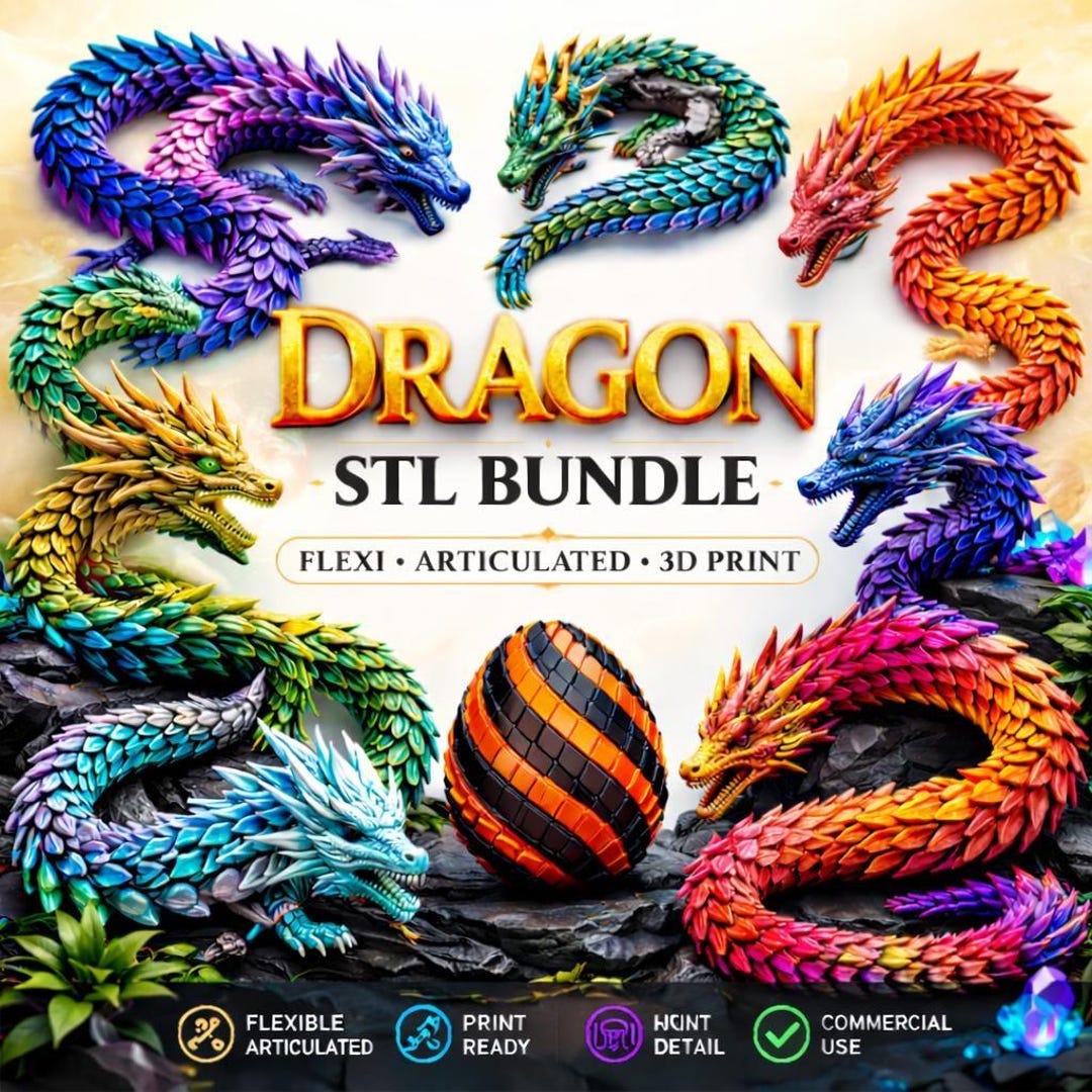 Articulated Flexi Dragon STL Files Bundle Print in Place 3D Dragons ...