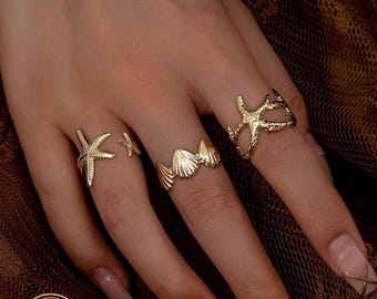 ヒトデ型リング3点セット、ゴールドビーチリング、女性用サマージュエリー
