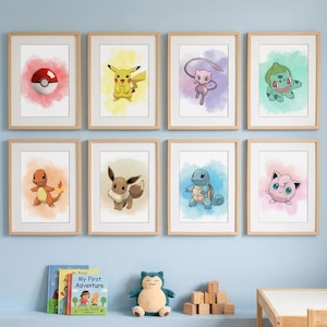 Art mural Pokémon, lot de 8 impressions | Affiche de chambre de bébé Pokémon | Décor aquarelle de salle de jeu | Pikachu, Salamèche, Mew, Évoli