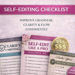 Könnte beinhalten: Ein Bild mit einer Checkliste zur Selbstbearbeitung mit dem Text "Self-Editing Checklist". Das Bild enthält Tipps zur Verbesserung von Grammatik und Klarheit. Checklisten mit floralen Akzenten und eine Goldmünze mit Dollarzeichen sind ebenfalls zu sehen.