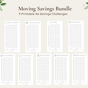May include: A Moving Savings Bundle featuring 9 printable A6 savings challenges. Each card includes a title, a grid of circles for tracking progress, and a total line. Titles include Security Deposit, 1st Month's Rent, Travel, and Moving Costs.