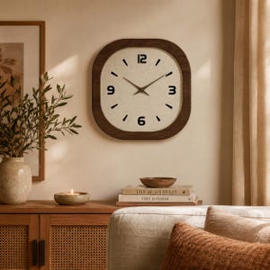 May include: A square wall clock with a dark brown wooden frame and a cream-coloured face. The clock has black numerals and hands. The clock is hanging on a light-coloured wall. The clock is part of a home decor theme.