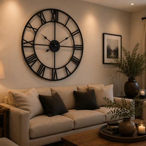May include: A living room interior with a large black metal Roman numeral clock on a beige wall. A beige sofa with dark cushions is below the clock. A lamp, artwork, and plants complete the cosy interior design.
