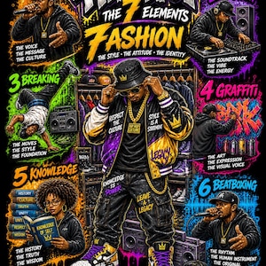 Puede incluir: Un póster gráfico vibrante titulado Hip-Hop The 7 Elements Fashion, que presenta una figura central con sombrero de pescador y chaqueta universitaria rodeada de ilustraciones de MCing, DJing, breaking, graffiti, knowledge y beatboxing con texto.