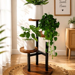 May include: A multi-tiered plant stand featuring a black metal frame and circular dark wood shelves. The stand holds three white cylindrical pots containing a spiky green plant, a monstera plant, and a trailing pothos plant with heart-shaped leaves.