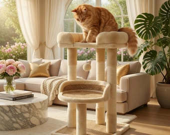 Luxury 2-Level Cat Tree Tower | Sisal Scratching Posts, Plush Perches & Hanging Toys | Modern Cat Furniture