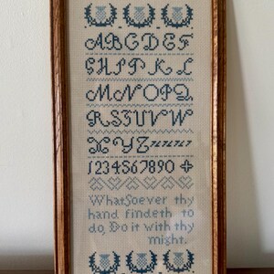 Vintage Cross-Stitch Alphabet Sampler: Blue Linen Embroidery, Biblical Scripture (Framed)