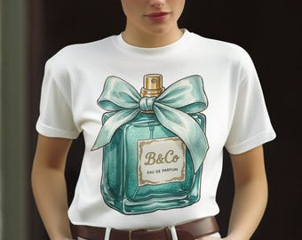 Teal Perfume Bottle Tee | Watercolor Fragrance Illustration, Feminine Style