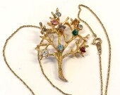 Tree of Life Pendant Necklace - Family Birthstone Jewelry - Rhinestone Jewelry - Vintage Trifari Necklace - Mother 39 s Day - Gift for Her