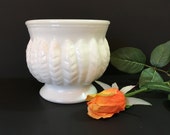 Milk Glass Bowl - Randall Pedestal Planter - Milk Glass Cachepot - Milk Glass Vase - Wedding Table Decor - Leaf Wheat Feather - Milk Glass